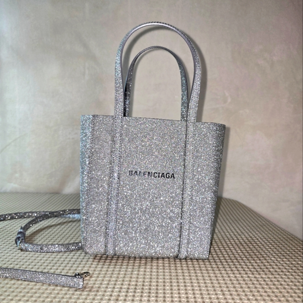 Balenciaga Leather Silver Glitter Mini Tote